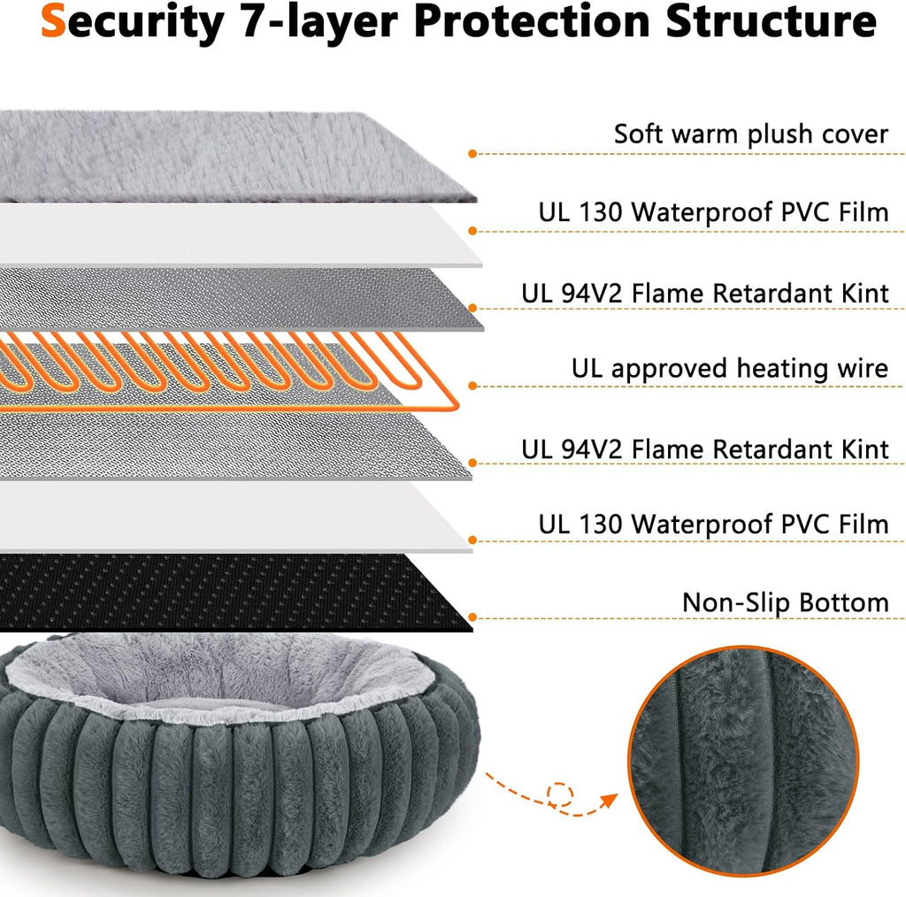 Heated Cat Beds for Indoor Cats and Small Dogs, Cozy Donut Heated Pet Bed with Timer & Temp Adjustable, Removable