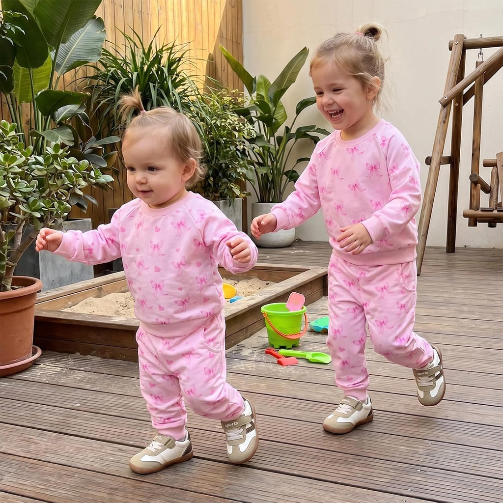Toddler Baby Girl Outfit Clothes Fall Winter Bows Hearts Long Sleeve Sweatshirt Pullover Top and Pants Set