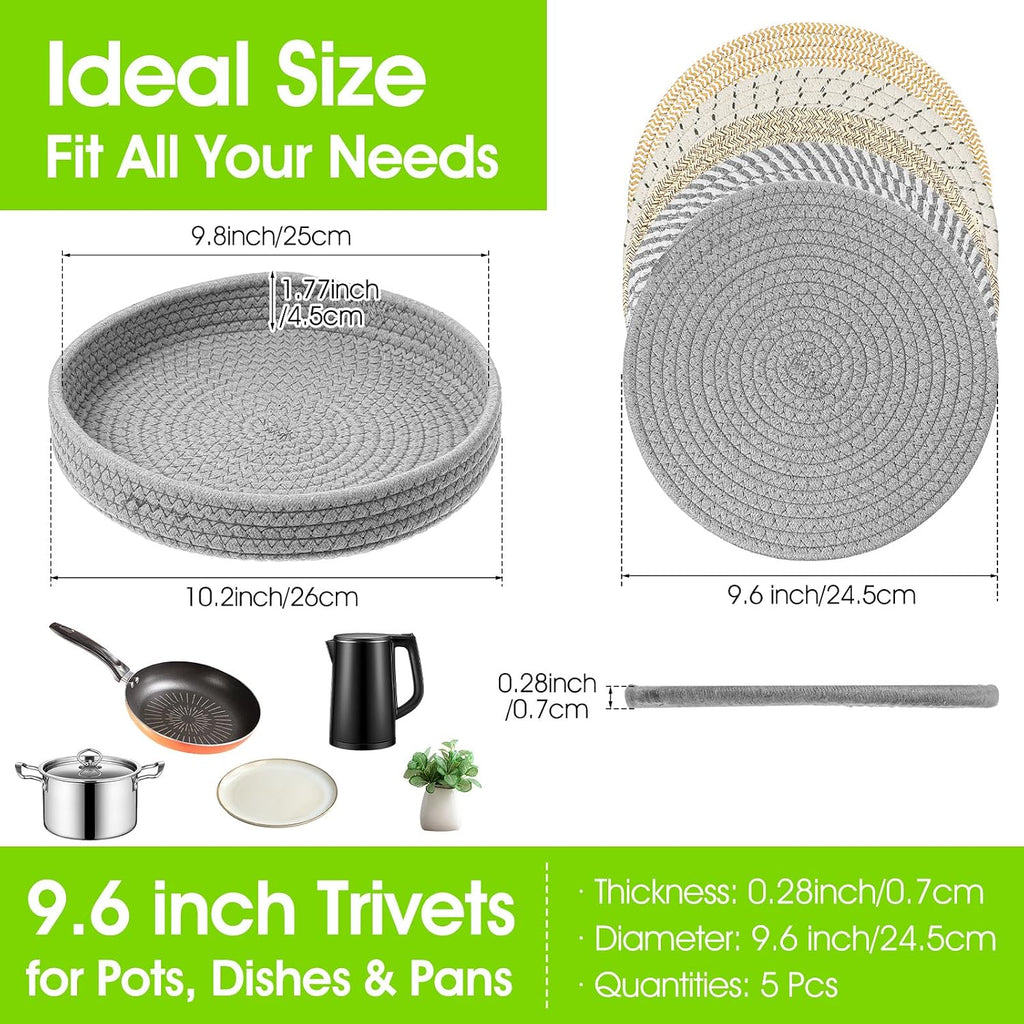 Inch Trivets for Hot Dishes, Extra Large Thick Heat Resistant Hot Pads, Cotton Pot Holders for Countertop - Set of 5