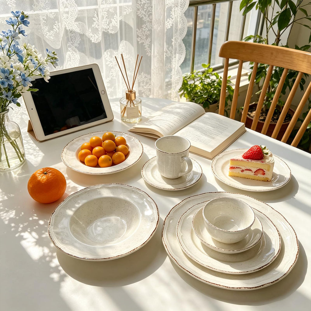 56pc Stoneware Dinnerware Set, Speckled Antique White