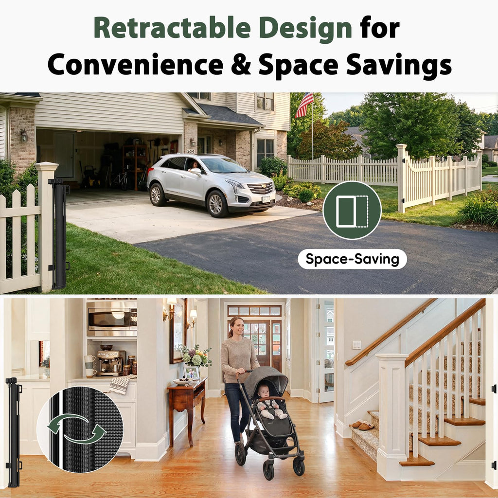 275" Retractable Baby Gates Extra Wide Driveway Gate Garage Fence, Black