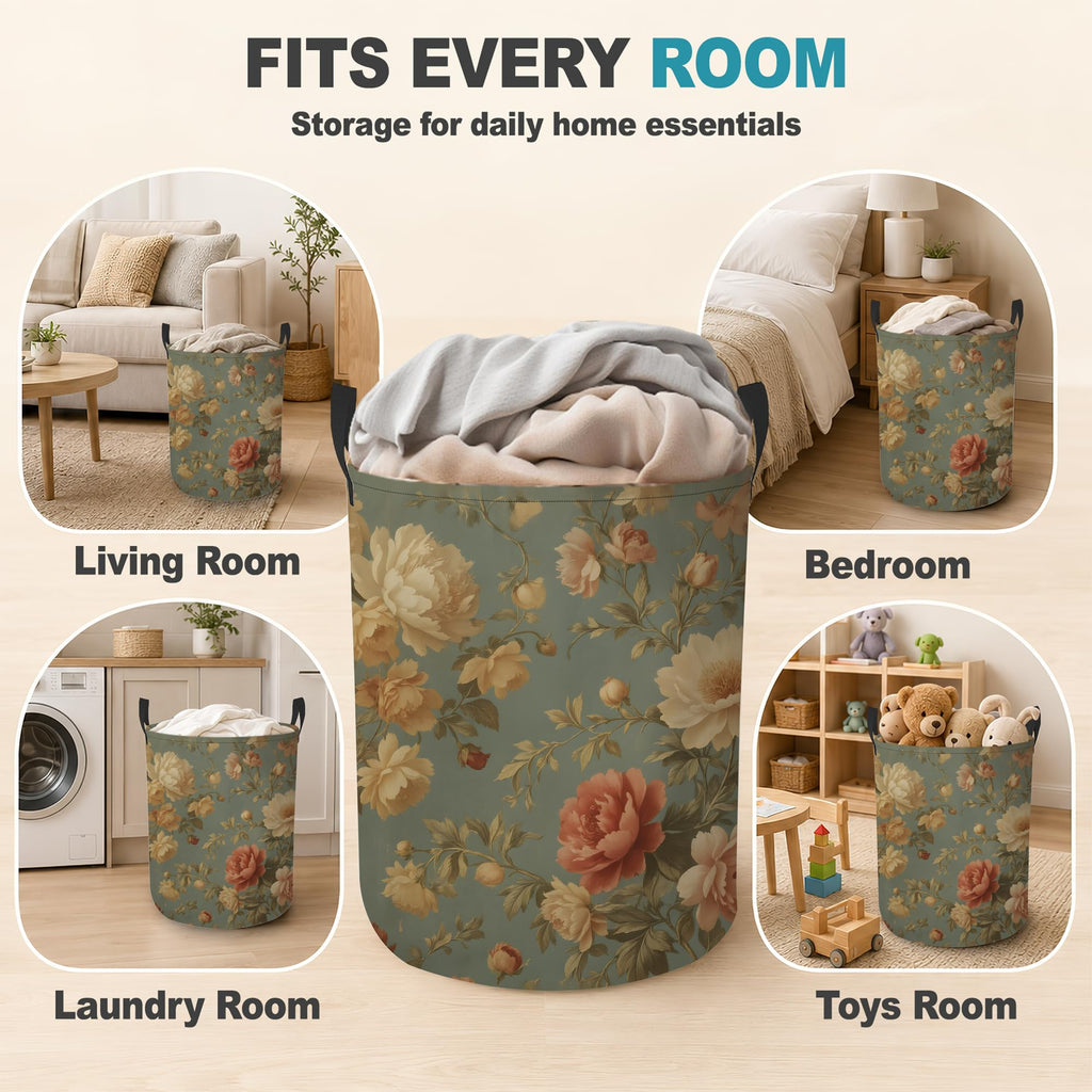 Vintage Peony Floral Dirty Clothes Hamper, Foldable Laundry Basket with Handles, Farmhouse Rustic Waterproof Oxford