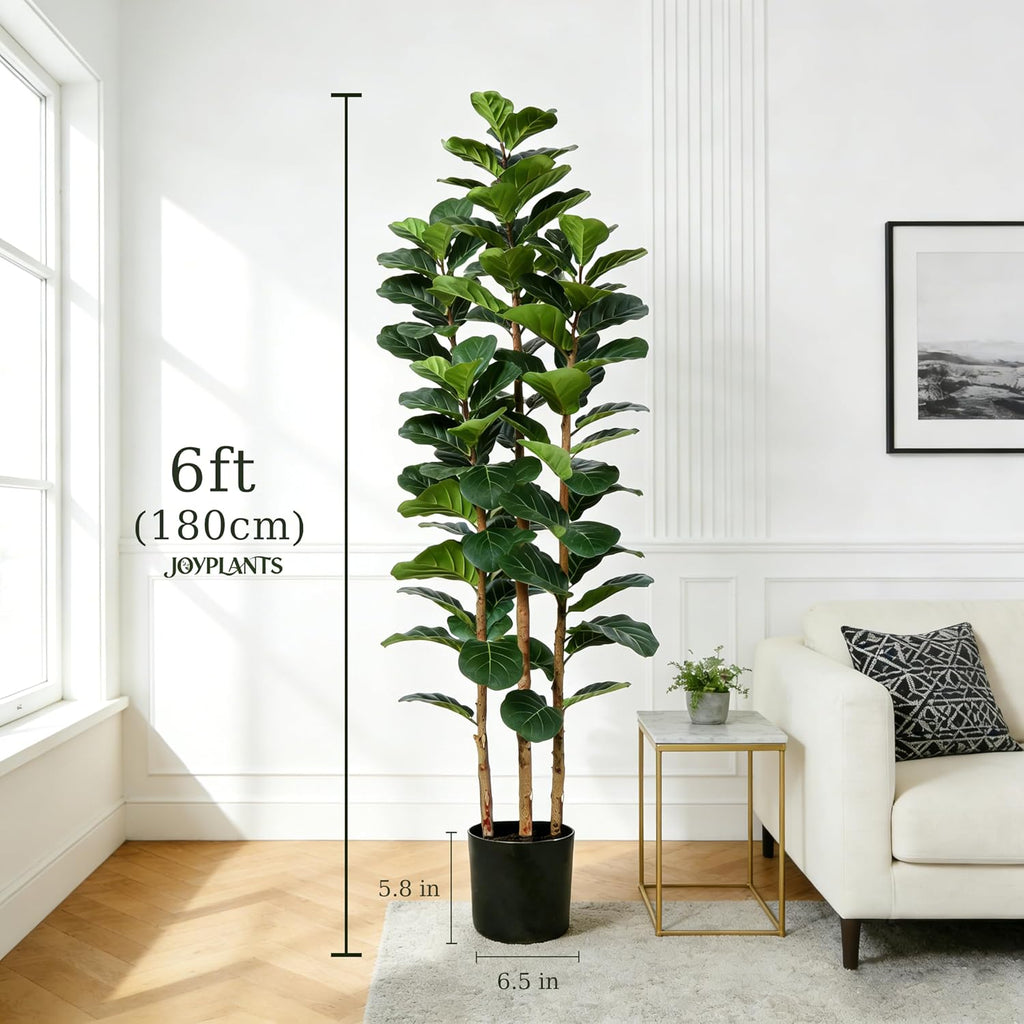 6ft 3-Trunk Fake Fiddle Leaf Fig Tree with Black Planter