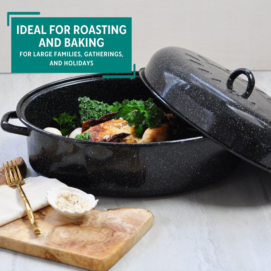 18 Inch Enamel Oval Roaster with Lid for Turkey, Black