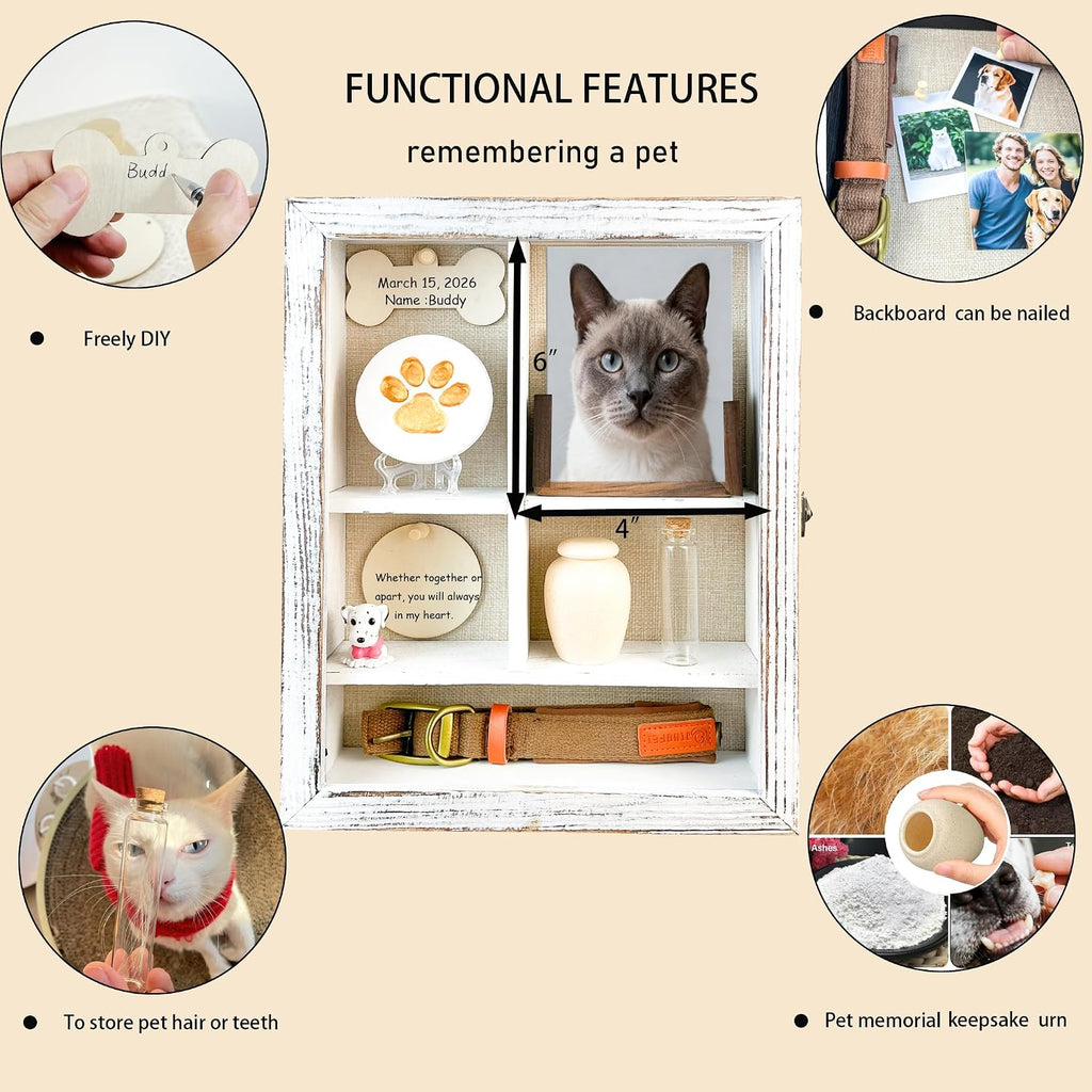 Solid Wood 11x14 Pet Memorial Shadow Box Frame with Adjustable Shelves Paw Print Kit Pet Urn Ashes Display Case White