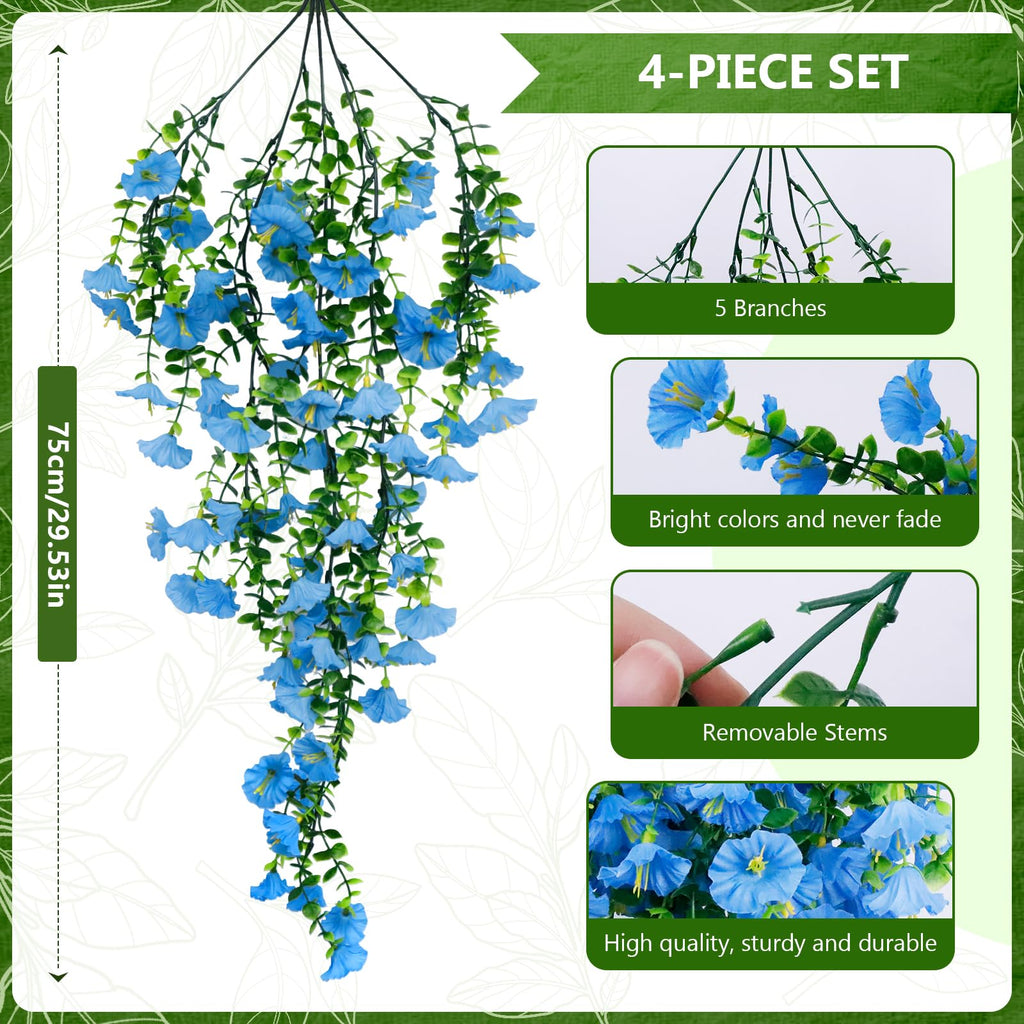 4-Pack Fake Hanging Plants, Faux Hanging Plant Artificial Greenery Bedroom Boho Wall Shelf Indoor Outdoor Decor (Blue