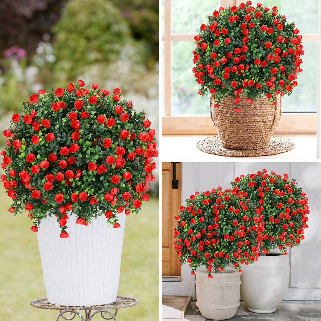 Set of 2 Artificial Red Rose Topiary Ball Tree, 25" with Ground Spike