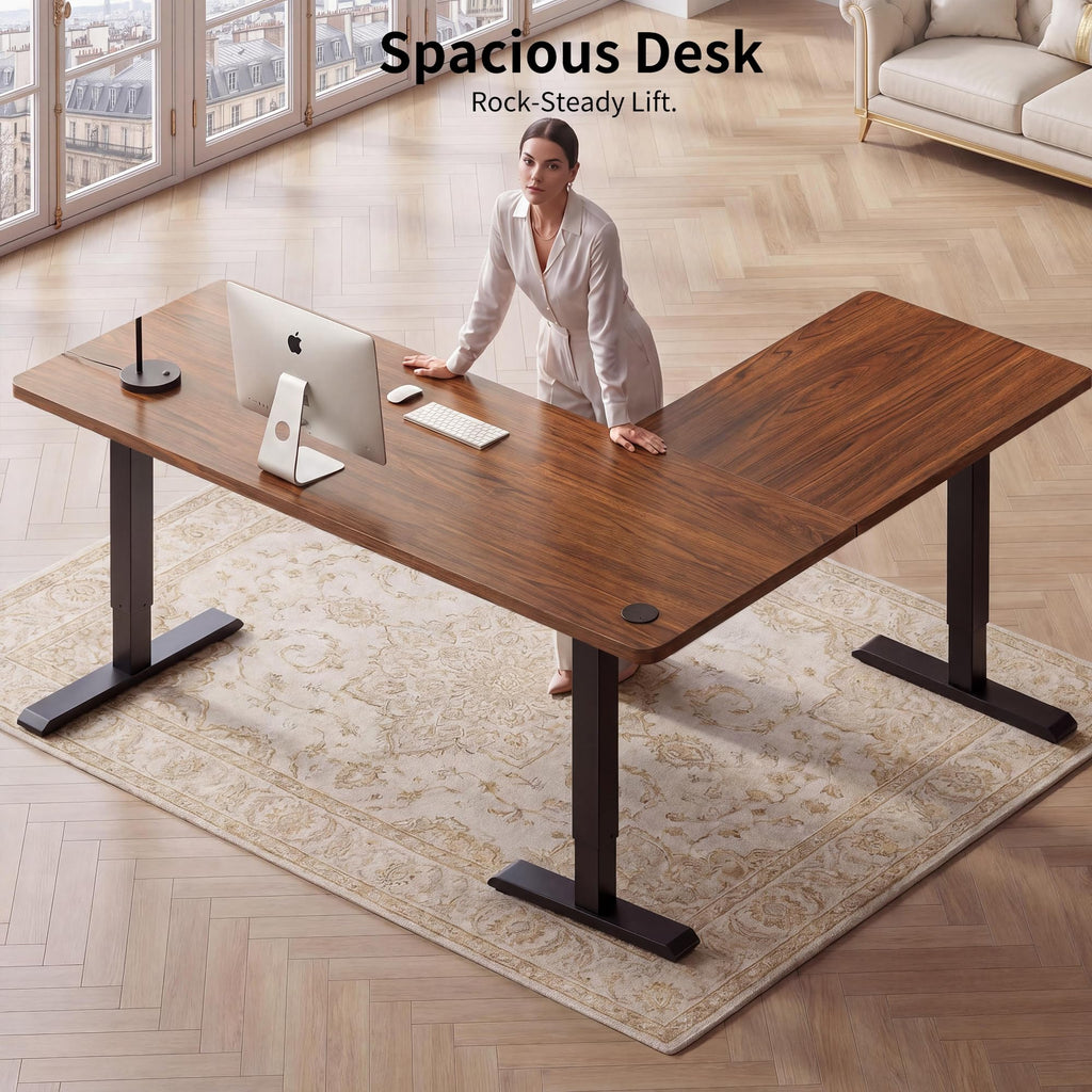 75x61 Inches Reversible L Shaped Standing Desk Height Adjustable with Cup Holder, Electric Corner Computer