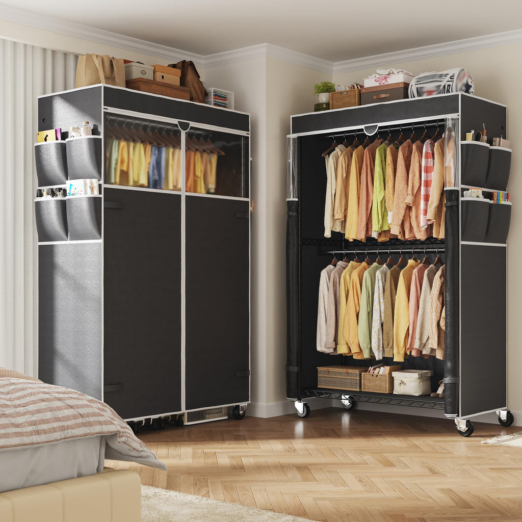 Clothes Rack with Cover, Rolling Portable Closet, 2 Rods & 2 shelves