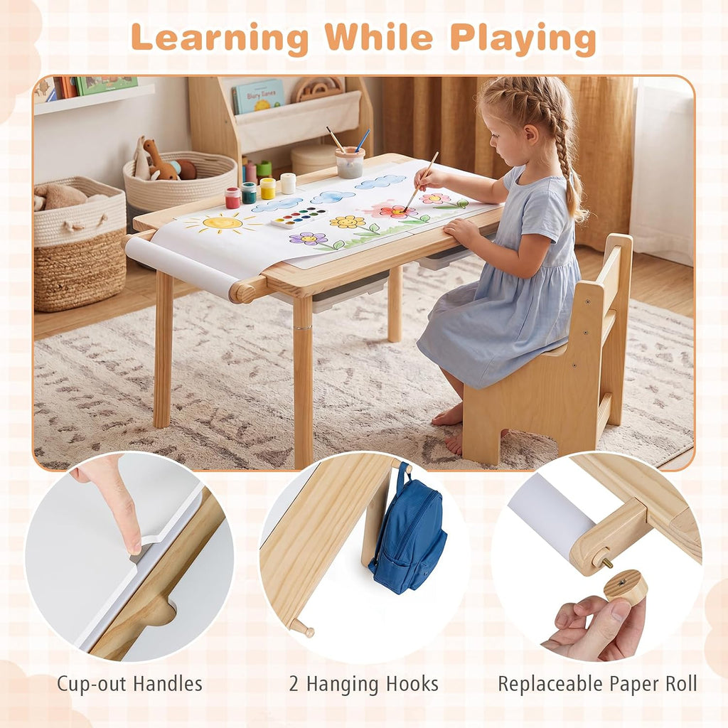 Sensory Table and Chair Set, Wooden Sand & Water Activity Set w/Adjustable Height, Dual Sided Top, 2 Bins, Paper Roll