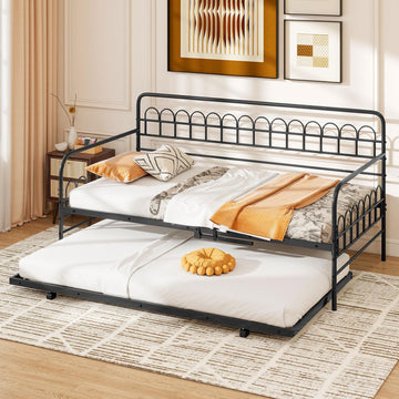 Twin Daybed with Trundle, Metal Day Bed w/Curved Backrest & Armrests, Heavy-Duty Metal Slats, Modern Space-Saving
