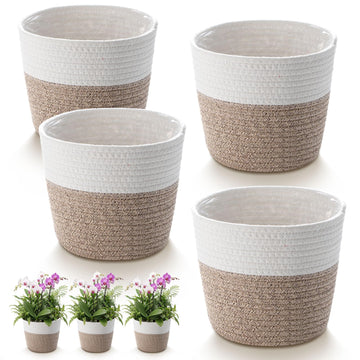 4 Pcs Cotton Rope Plant Baskets Indoor Woven Flower Baskets with Plastic Liner, Plant Planter for Indoor Outdoor