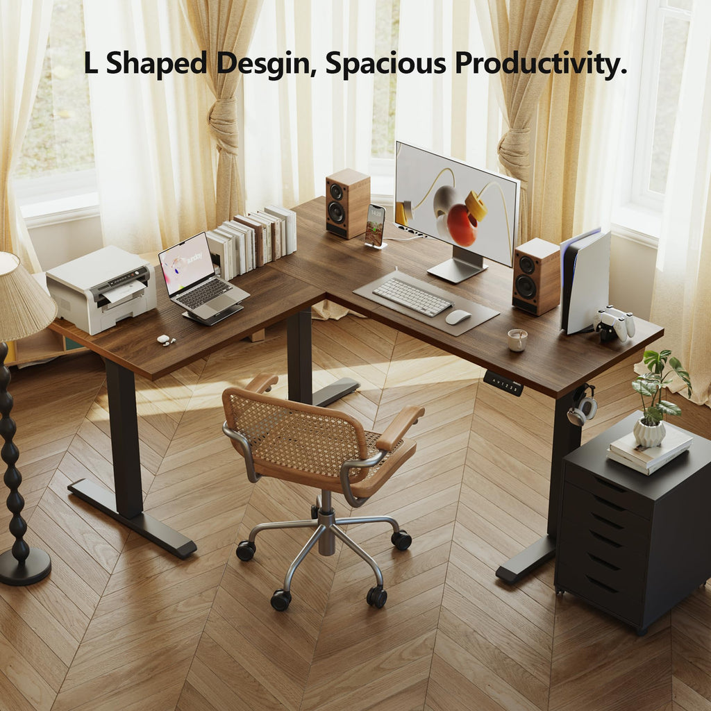 L Shaped Standing Desk Adjustable Height, 59 Inch, Dark Walnut