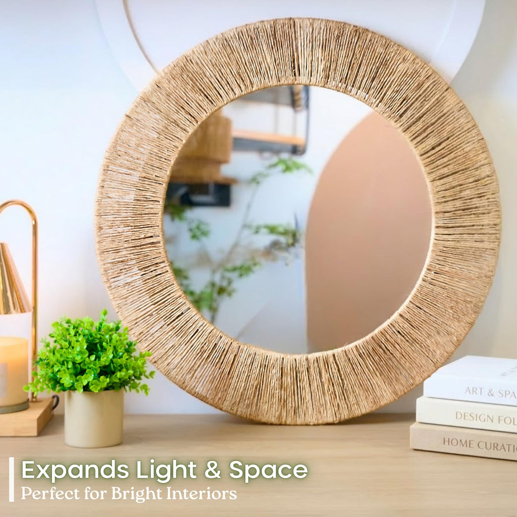 24 inch Natural Jute Round Wall Mirror, Boho Decor Wall Mirror
