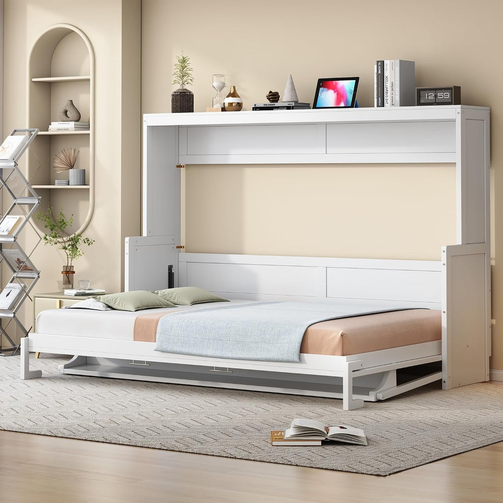 Horizontal Murphy Bed Queen,Hidden Folding Wall Bed Frame with Hydraulic Lift&Desk,Wood Cabinet Platform Bed can be