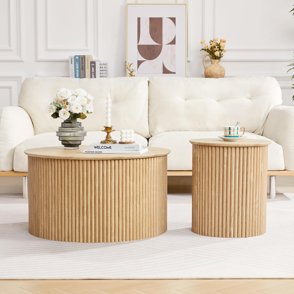 Fluted Round Nesting Coffee Table Set of 2 Circle Center Tables Living Room