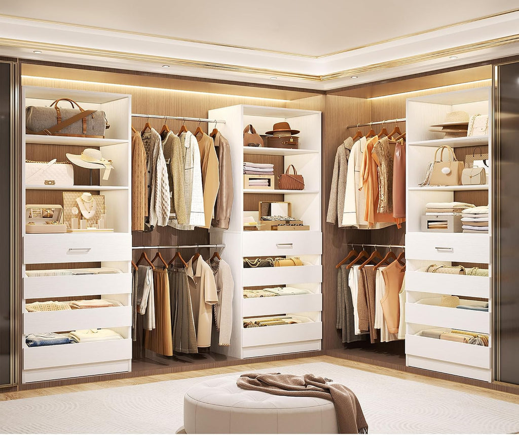 Closet System with 12 Drawers, 8.5-11.5Ft Wood Closet Organizer System with 4 Hanging Rods & 3 Towers, 4Ft & 6Ft