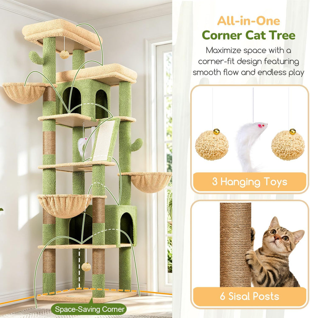 80in Extra Large Cactus Corner Cat Tree Tower, Green