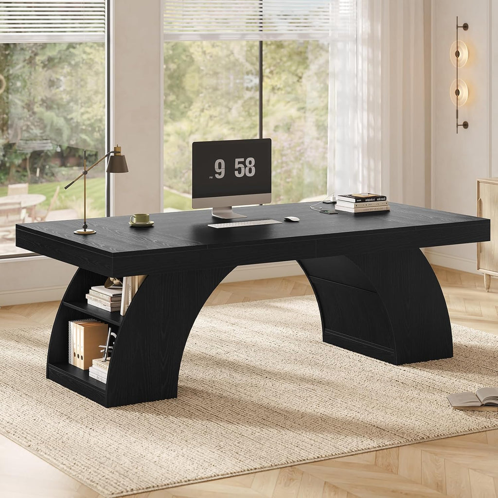 70.9 Inch Executive Desk, Large Office Desk with Power Outlet & Storage Shelves