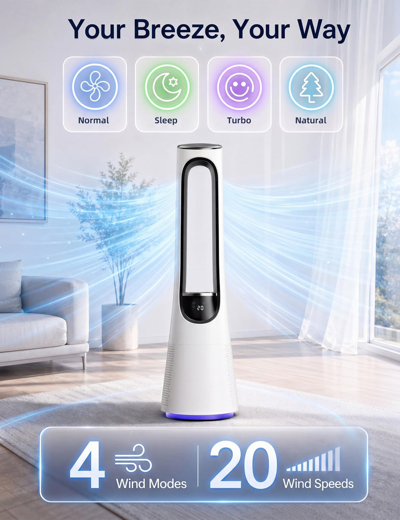 38" Bladeless Tower Fan ,Bladeless Fan with 5-Color LED,120°Adjustable Oscillating,20 Speeds & 4 Modes,Quiet DC
