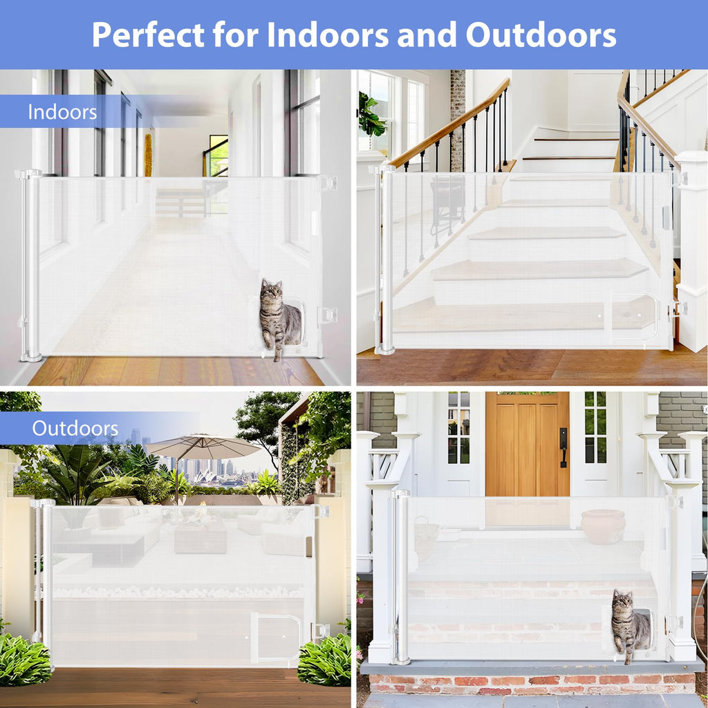 Retractable Baby Gate with Cat Door 55" Wide Retractable Baby Gate for Stairs Mesh Baby Gate with Pet Door