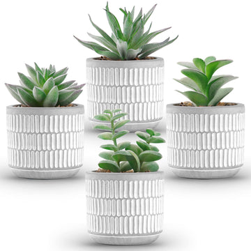 4 Pack Fake Plants in Striped Ceramic Pots Decor
