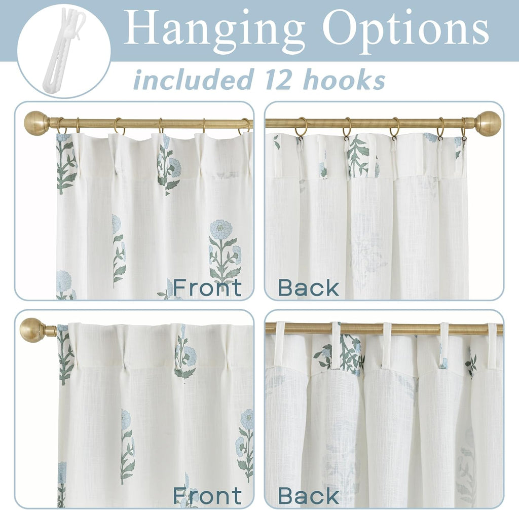 Pinch Pleated Floral Linen Curtains, 108 Inch Floor to Ceiling Pleat Drapes for Track System, 9FT Long Semi Sheer