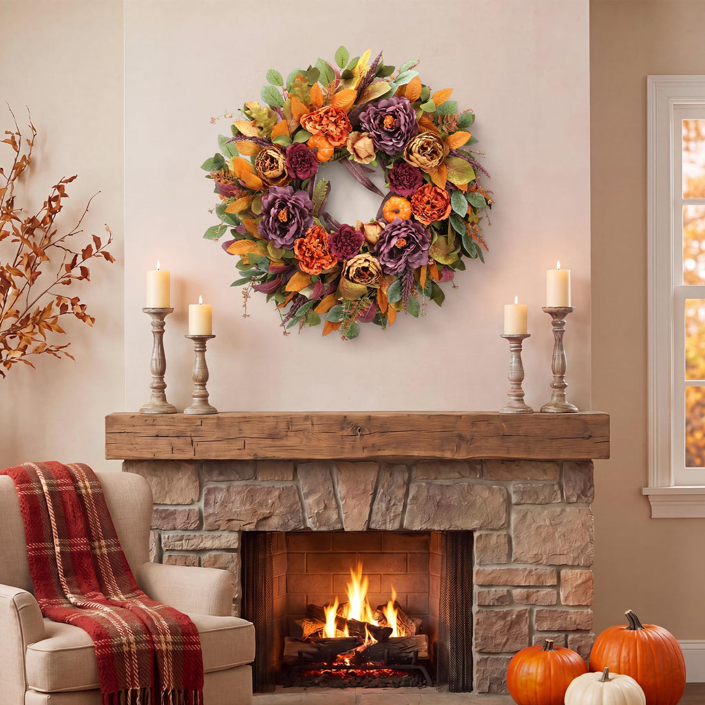 26 Inch Fall Wreath for Front Door, Large Autumn Harvest Wreath with Purple Peony, Pumpkin & Berries, Full and Lush