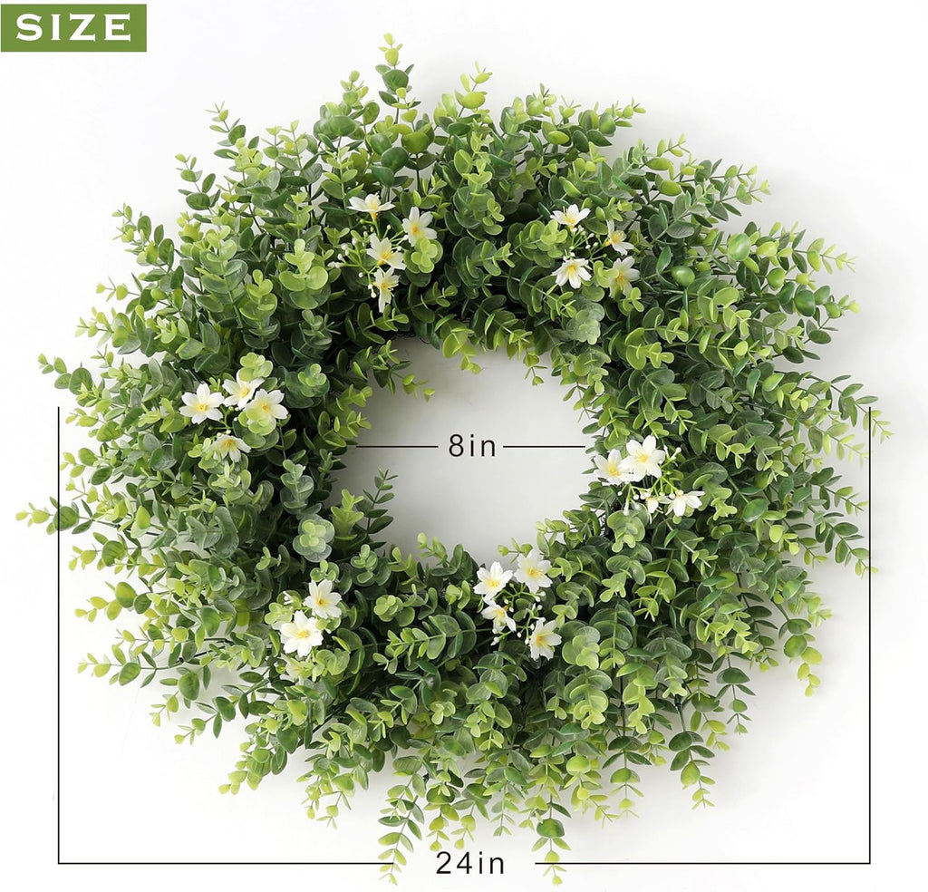 24" Large Eucalyptus Wreath for Front Door - All Season Artificial Greenery Wreath with White & Yellow Blossoms