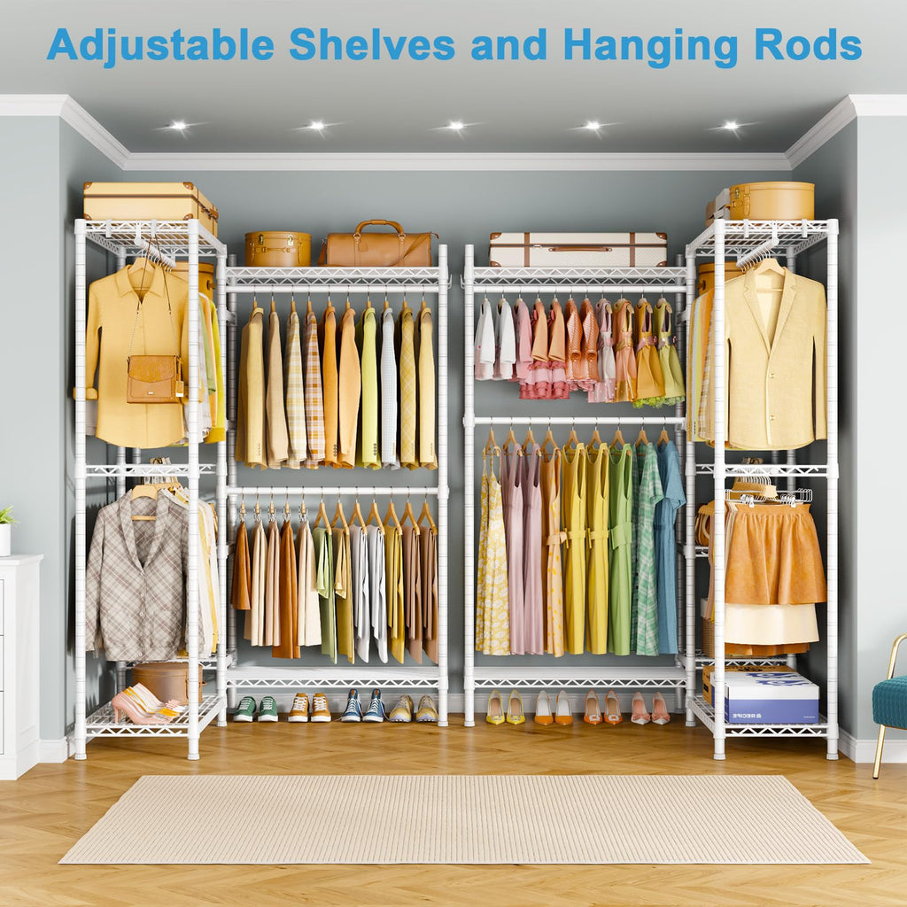 E4L L-shaped Clothing Rack for Corner, Heavy-Duty Freestanding Garment Rack, Metal Clothes Storage Organizer System