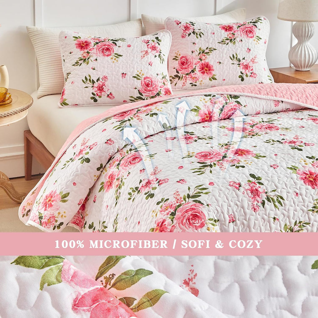 Floral Quilt Set 3 Pieces King White Pink Flower Soft Microfiber Lightweight Summer Reversible Coverlet Bedspread for