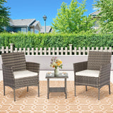 3 Piece Outdoor Furniture Set Patio Gray Wicker Chairs Furniture Bistro Conversation Set 2 Rattan Chairs with Khaki