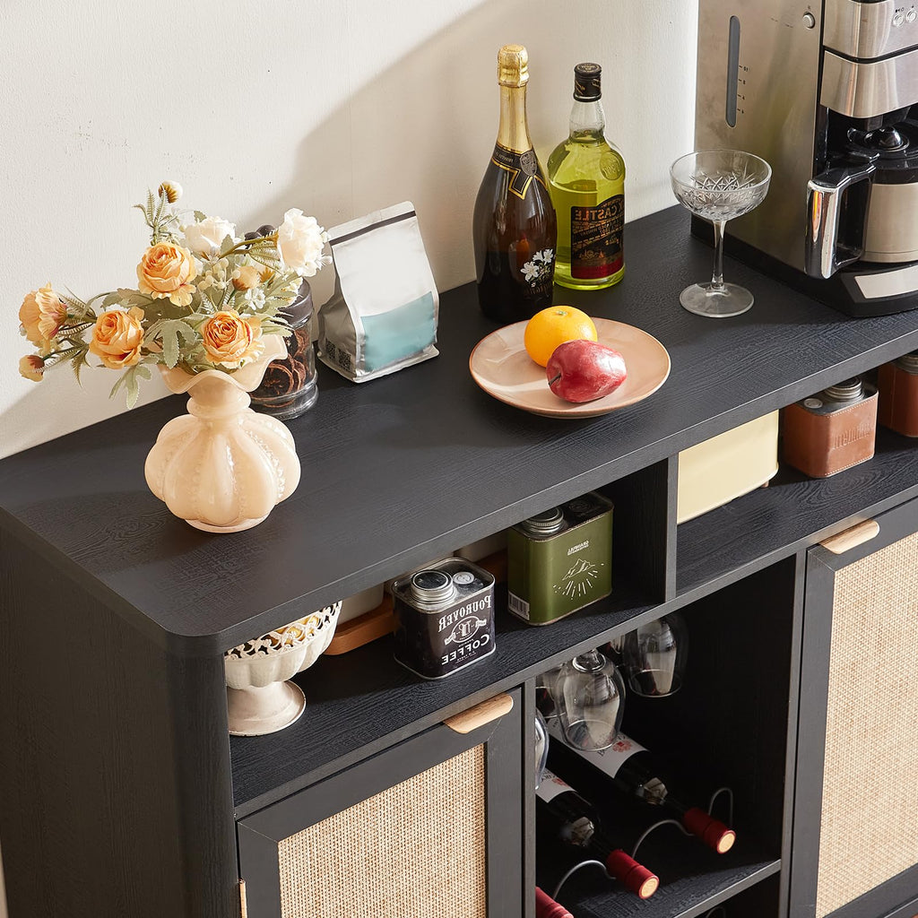 Rattan Wine Bar Cabinet with Storage, Black