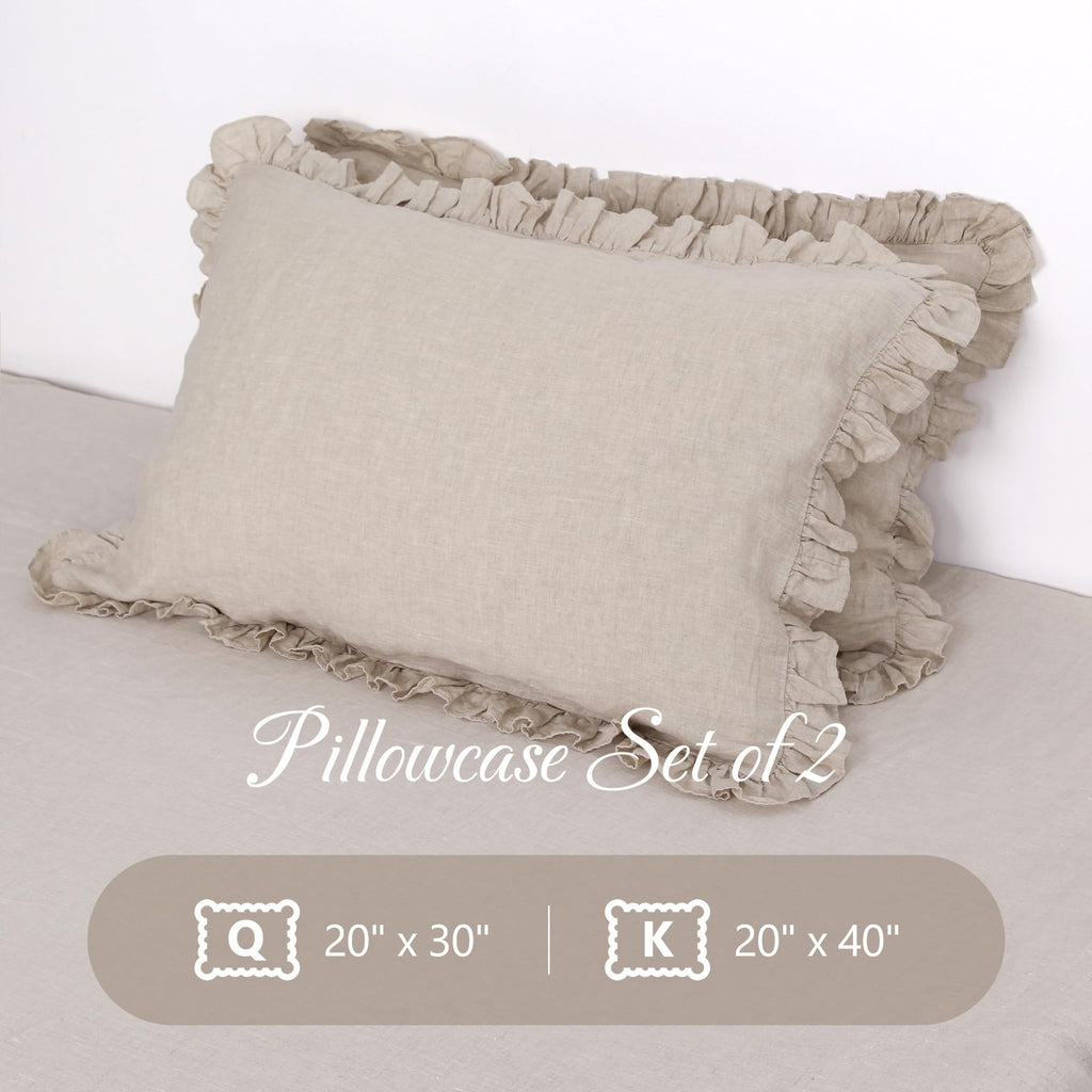 Linen World Linen Ruffled Pillow Cases 20''x30'' - 100% French Natural Linen Pillowcase Set of 2, Ruffled