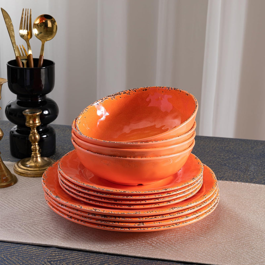 Fall Melamine Dishes Dinnerware Set, 12 Piece Service for 4, Orange