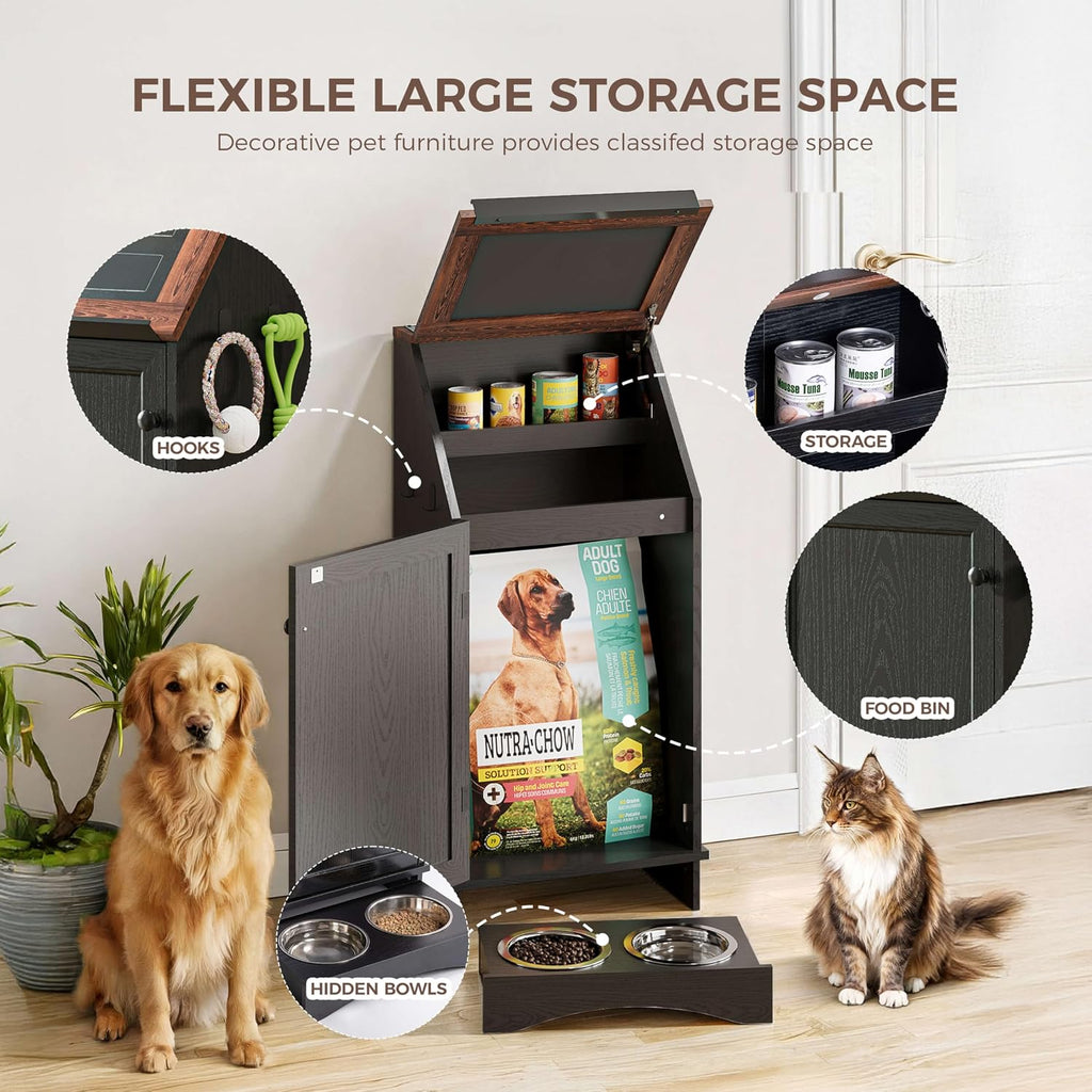 Dog Feeding Station with Storage, Dog Food Cabinet with 2 Hidden Feeding Bowls, Flip-Top Pet Storage Cabinet, Pet