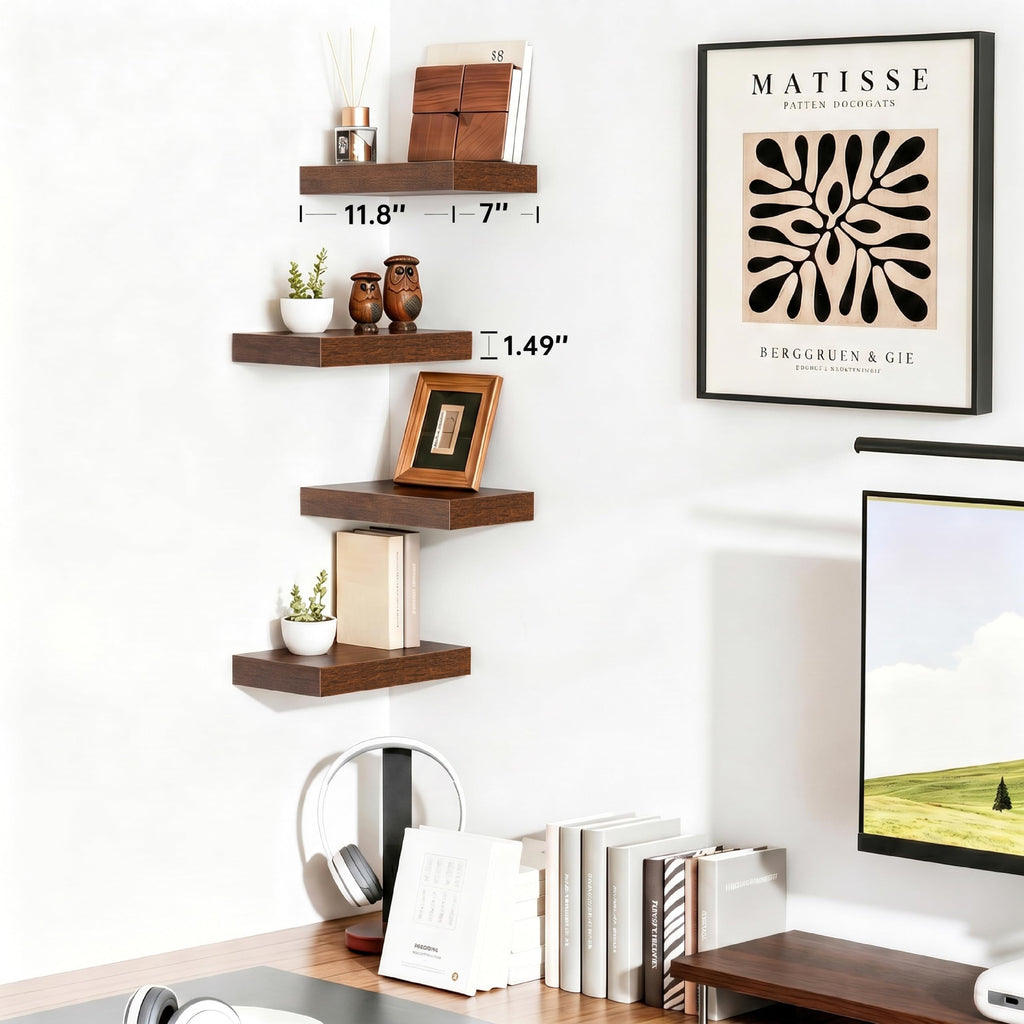 Walnut Floating Shelves for Wall, 12 Inch Wooden Shelves Set of 4