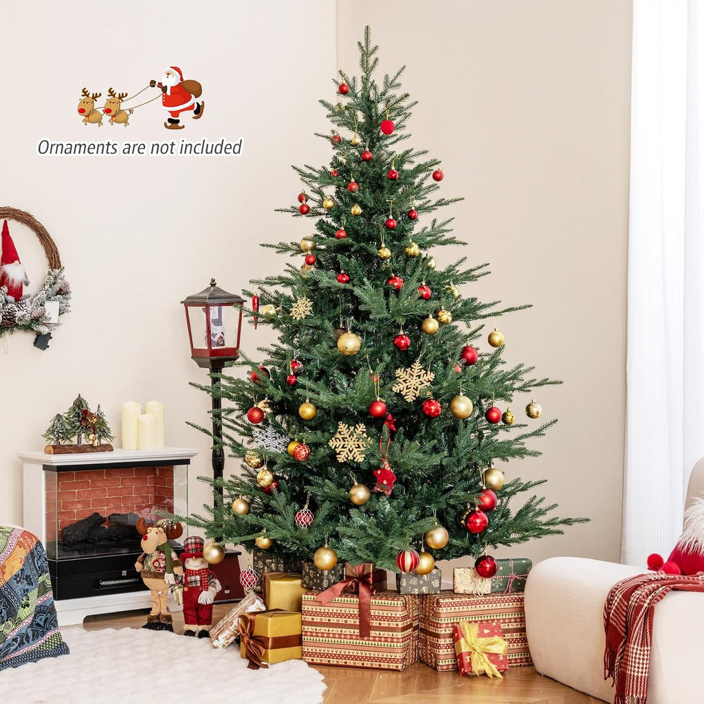 7 FT Pre-Lit Hinged Christmas Tree, Artificial Xmas Tree with 1102 Branch Tips, 350 Warm White LED Lights, 8 Lighting