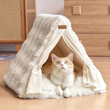 Cat Cave Bed, Sturdy Frame Washable Cat Tent Bed with Curtain