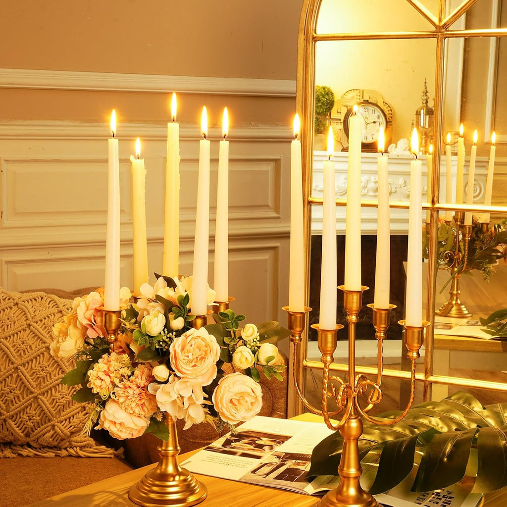 Set of 4 Gold Candelabra Candle Holders - 5 Arm 11.6" Tall Wedding Candlestick Holder, Metal Candle Stands, Gold
