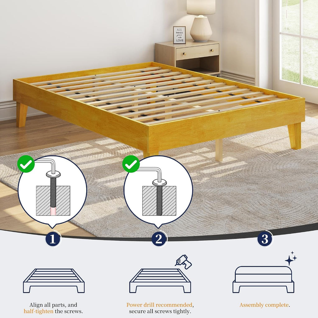 Solid Wood Platform Bed Frame Low-Profile Natural Wood