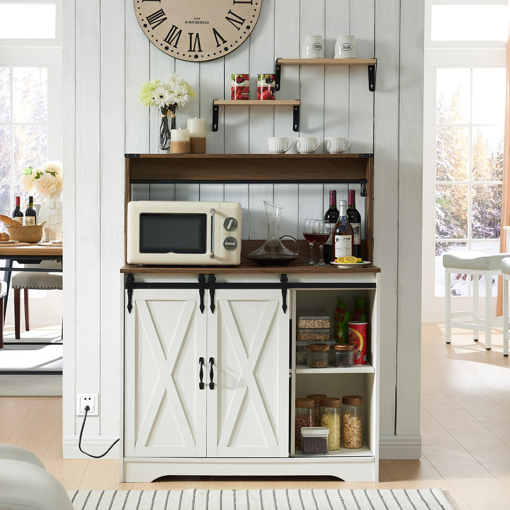 Farmhouse Coffee Bar Cabinet with Charging Station and USB, White