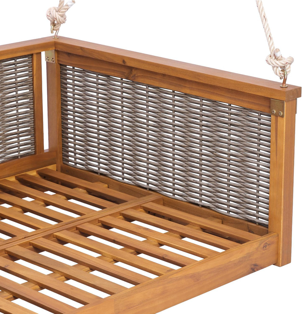 Twin Size Porch Swing Bed, Acacia Wood & Handwoven Rattan Hanging Swing Daybed with Hemp Ropes, 400 lbs Capacity