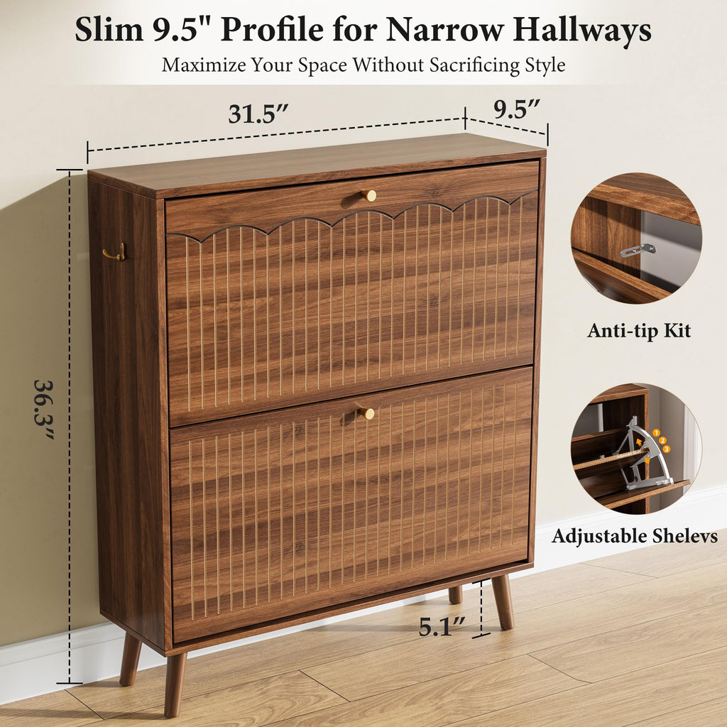 Mid-Century Modern Slim Shoe Cabinet, 9.5" Narrow Shoe Storage Cabinet with Architectural Arched Fluted Front