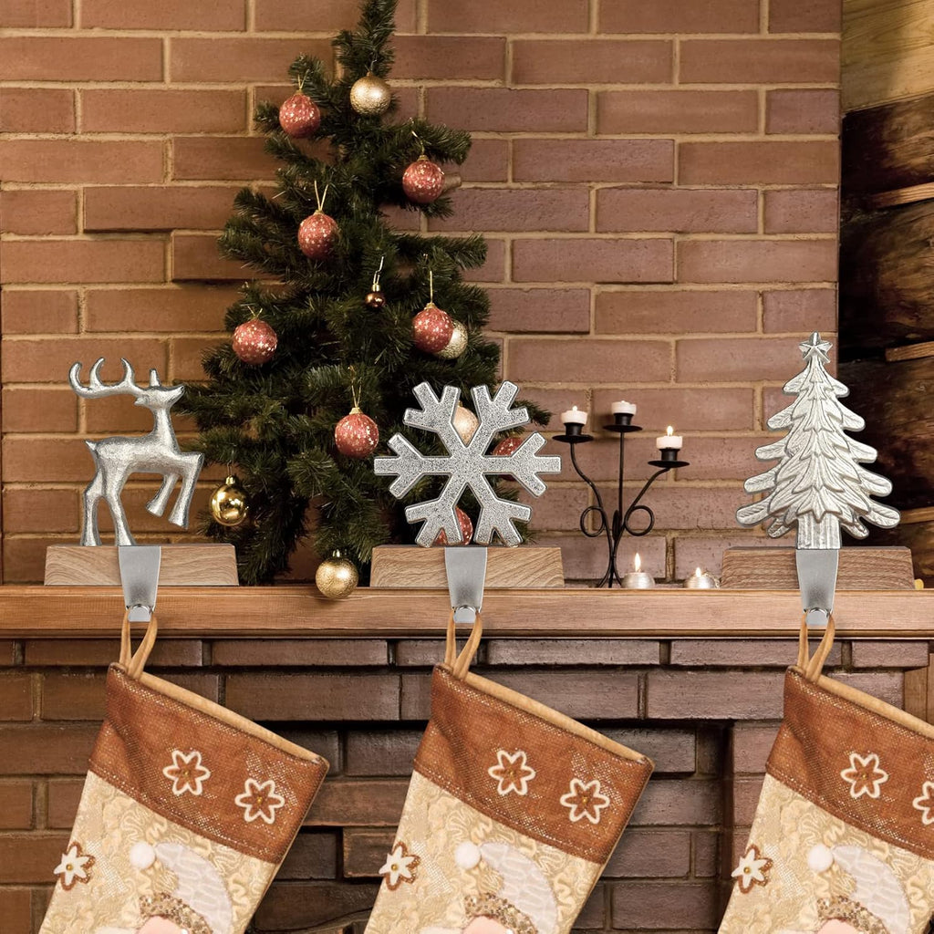 Christmas Stocking Holders for Mantle Set of 3 Tree and Snowflakes and Deer with Non-Skid Silver Stockings Holders