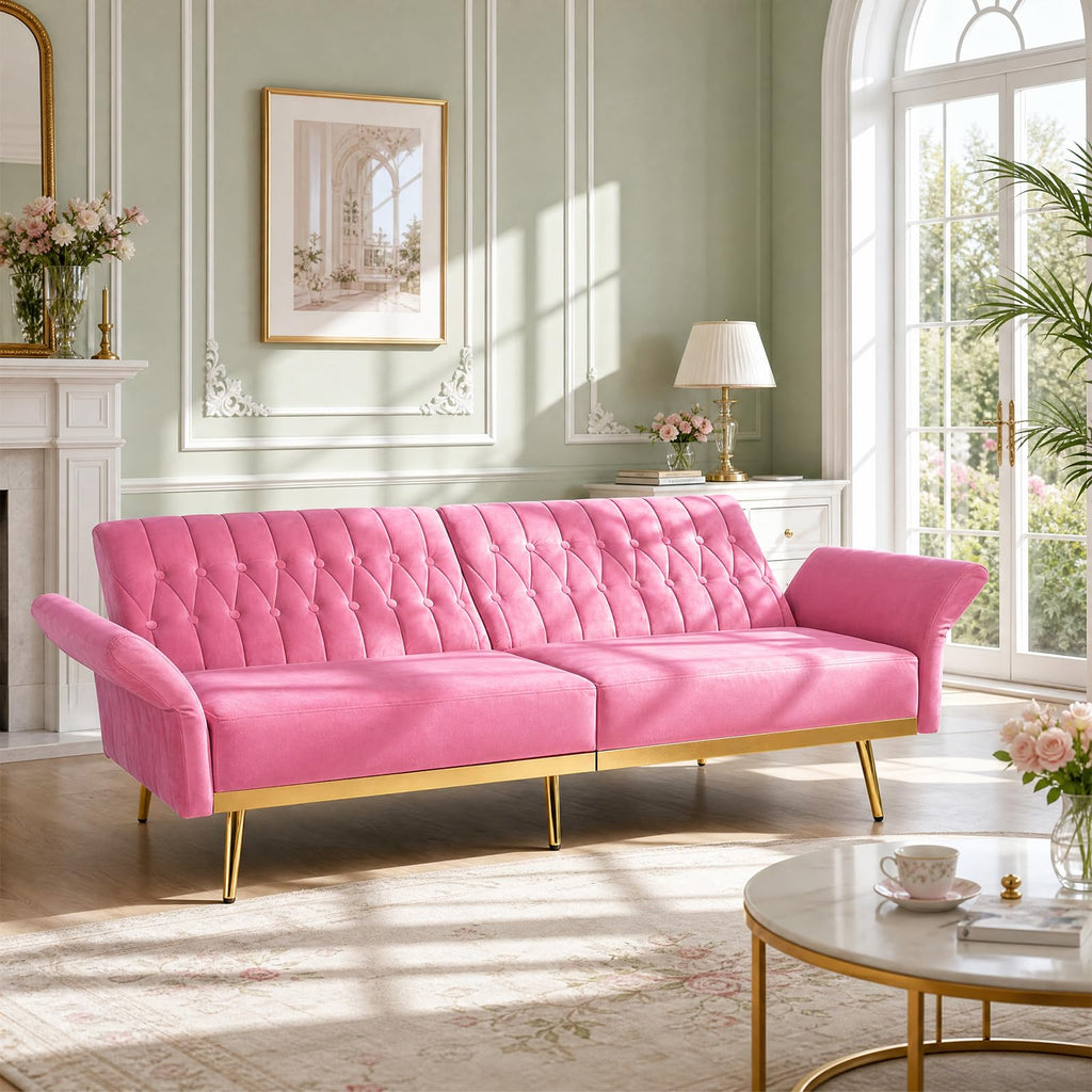 70" Futon Sofa Bed w/Adjustable Armrests, Pink