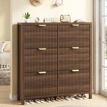 47.3" Shoe Cabinet Storage, Fluted Shoe Cabinet with 6 Flip Drawers, Hidden Shoe Rack Freestanding Wooden Shoe