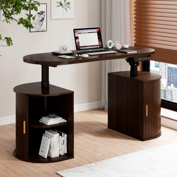 55'' Electric Standing Desk with Storage, Mid Century Modern Fluted Adjustable Height Sit-Stand Desk, Wood Small