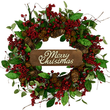 20 inch Artificial Christmas Wreath for Front Door Winter Wreath with Green Magnolia Leaves and Rusty Bells for Front
