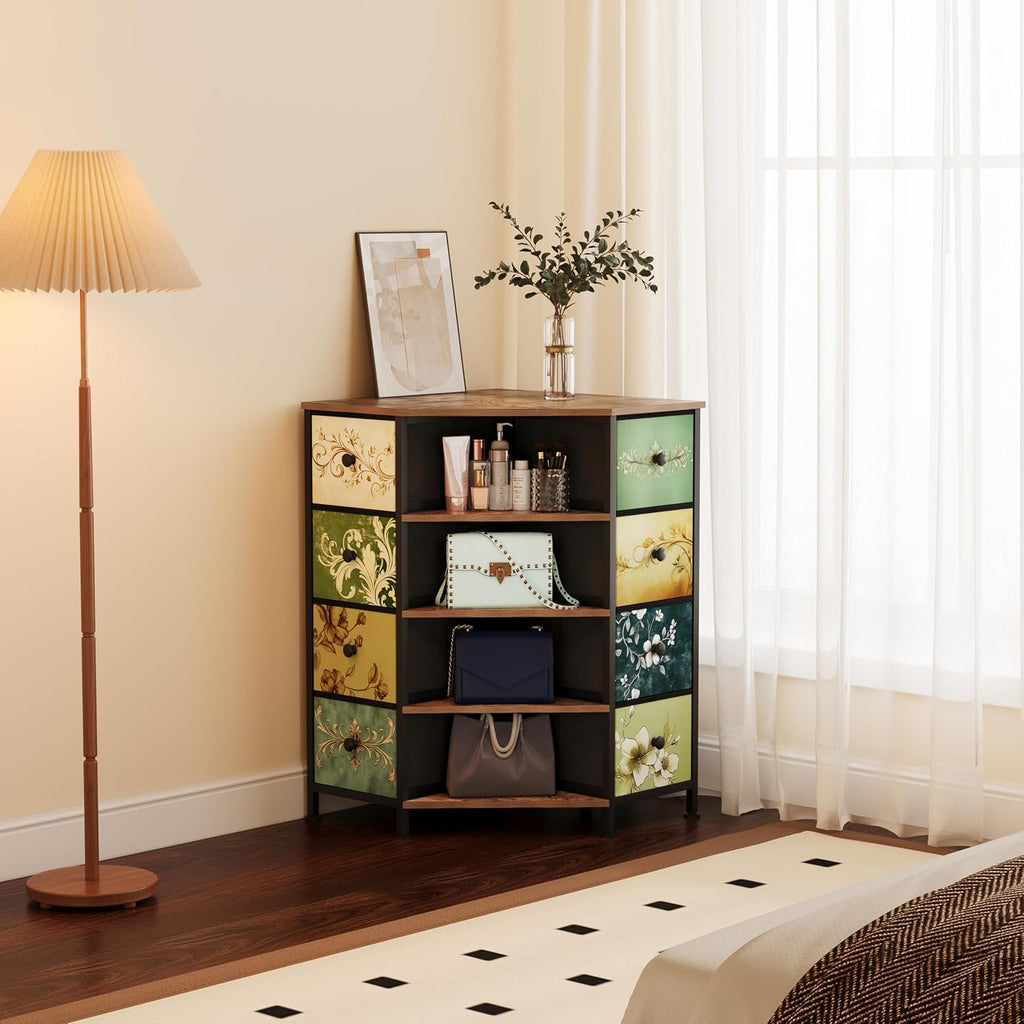 8 Drawers Corner Dresser with Fabric Drawers and Shelf | Retro Corner dresser with wooden top&4 open shelves,Corner